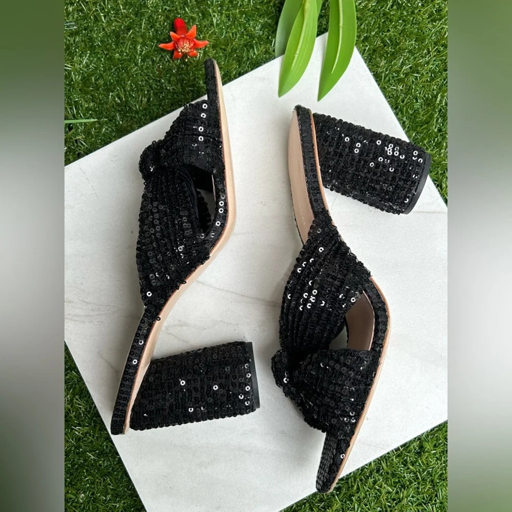 Loeffler Randall Black Sequin Knotted Mule Heels